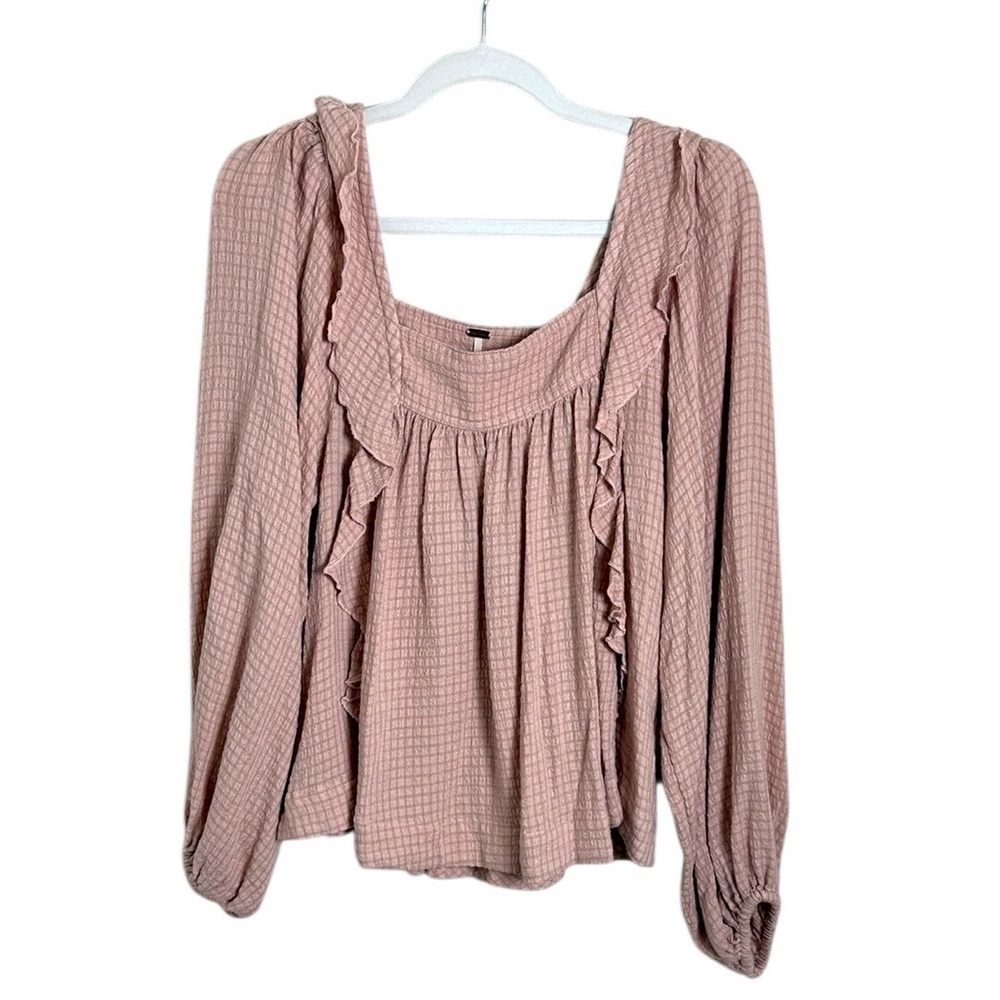 Free People Honey Grove Plaid Pink Ruffle Long Sleeve Blouse Size Small